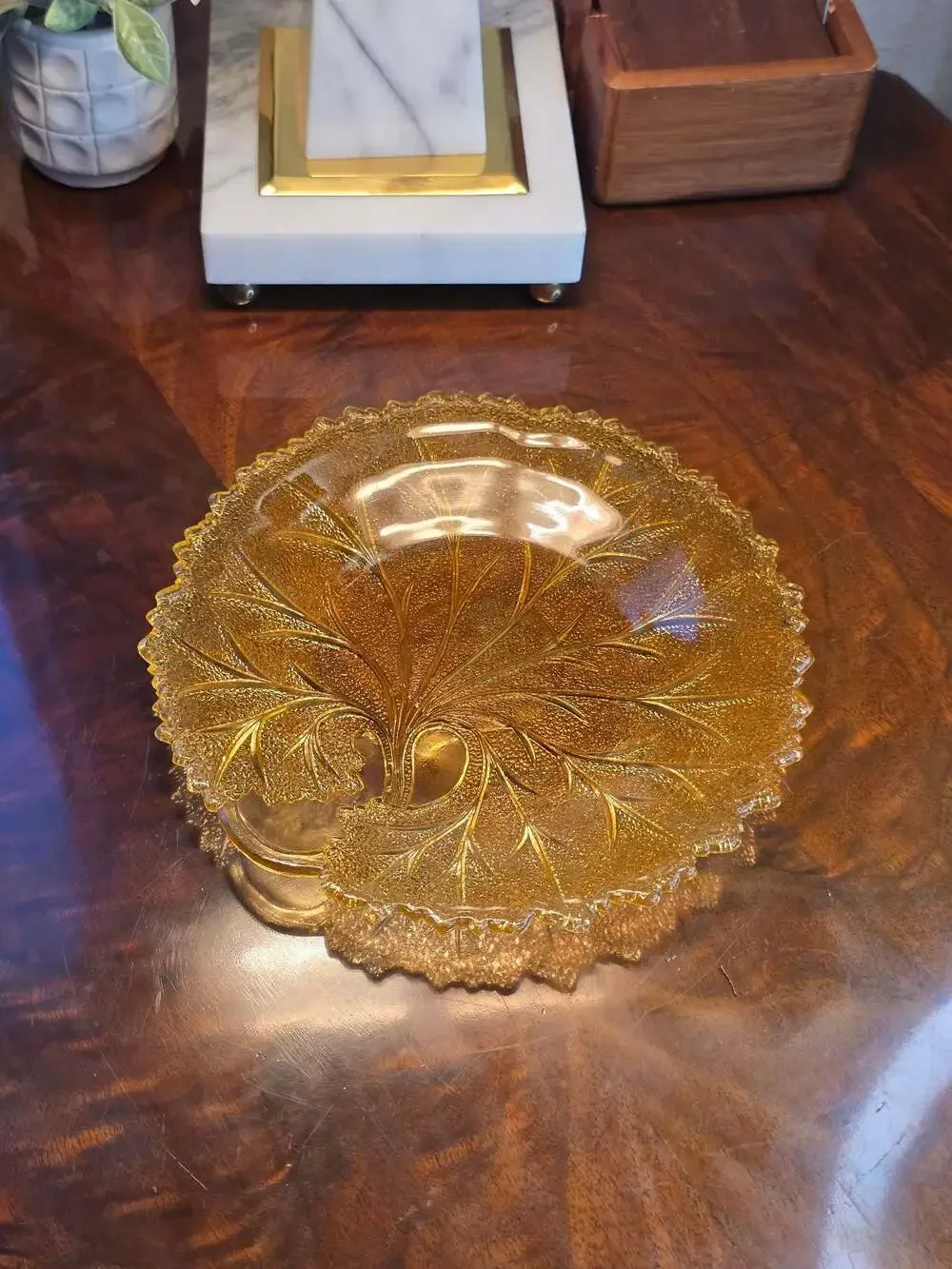 Vintage Indiana Glass Amber Tree of Life Pebbled Leaf Salad Plate